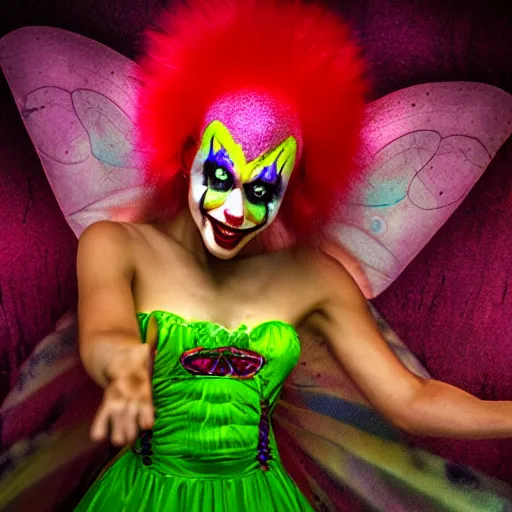 Image similar to psycho clown fairy, bleeding wings colors, cinematic lighting, various refining methods, micro macro autofocus, ultra definition, award winning photo