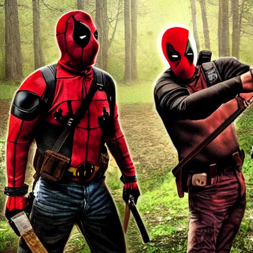 Image similar to jason voorhees fighting with deadpool in the woods digital art 4 k detailed super realistic