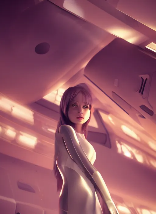 Prompt: a girl in a spaceship, beautiful girl model, detailed latex dress, detailed shot, by artgerm, by wlop, octane render, spaceship window