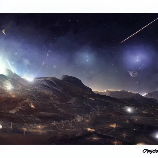 Prompt: Night sky with many meteorites, concept art, 4k, highly detailed, by Oksana Dobrovolska