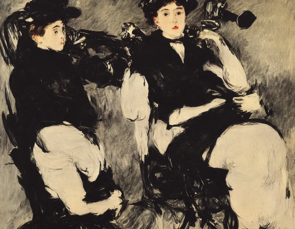 Image similar to edouard manet. a wide portrait of a woman all dressed in black, she is in profile turned her head towards the camera. seated on a dark motorcycle on a highway. there is another motorcycle blurred in the background. unprecise brush strokes. expressive. emotional.