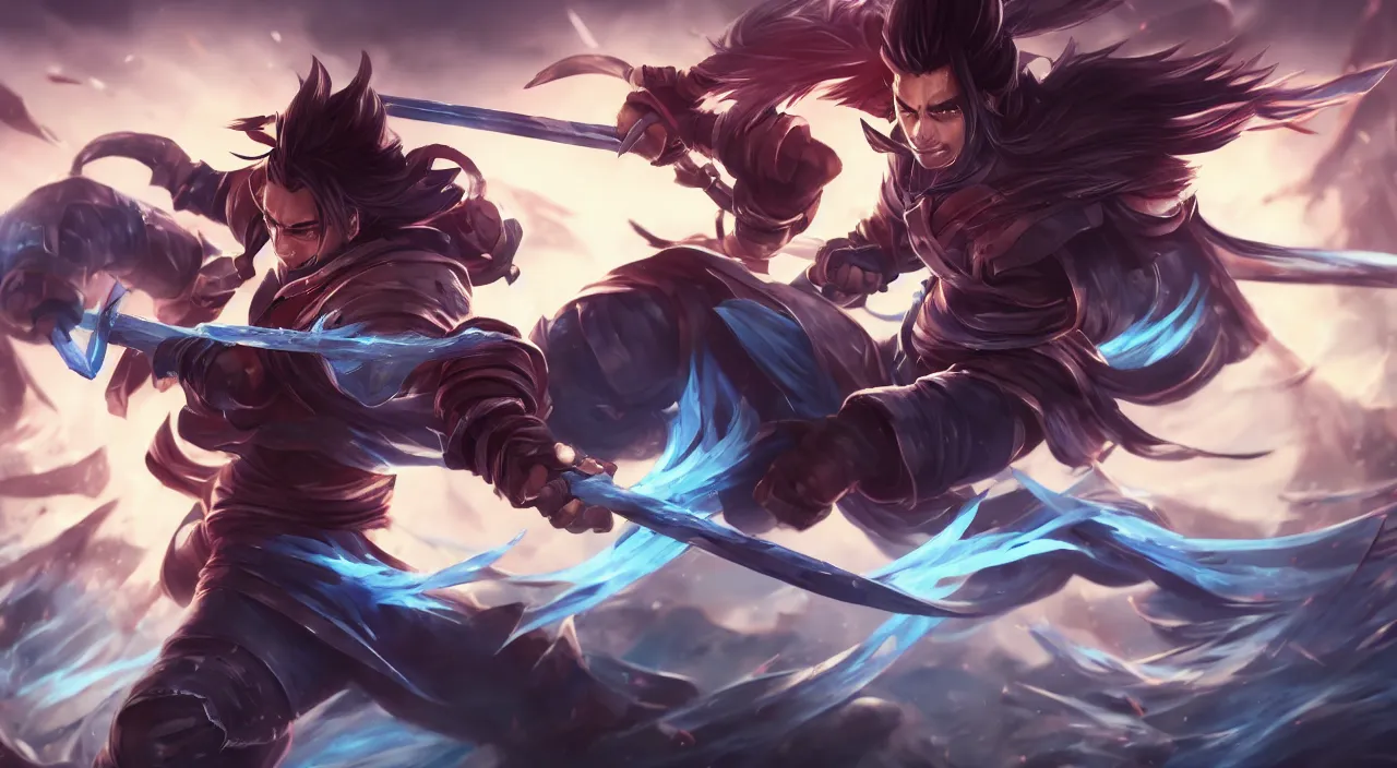 Prompt: splash art of Yasuo from league of legends by Alex Flores, Chengwei Pan, Bo Chen, Jennifer Wuestling, 4K, UHD, High quality, Trending on Artstation HQ