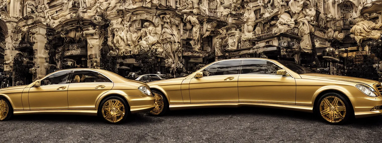 Image similar to photography a very luxurious, golden mercedes studded with diamonds, premium,