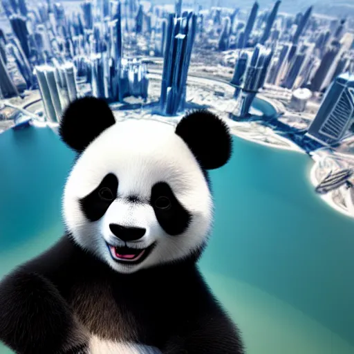 Prompt: A cute Panda taking a selfie on top of Burj Khalifa, hyperrealistic, highly detailed, depth of field, High definition, 8k, octane render, artstation