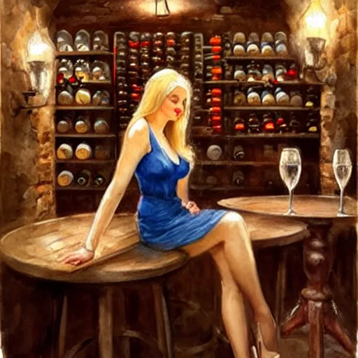 Image similar to beautiful blonde in hot dress in a wine cellar, food, pork, beer, schnapps, rustic, traditional, torches on the wall, watercolor by vladimir volegov, highly detailed, masterpiece