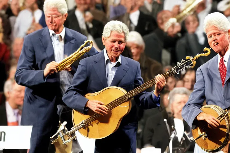 Image similar to george w bush playing banjo, bill clinton playing saxophone on stage