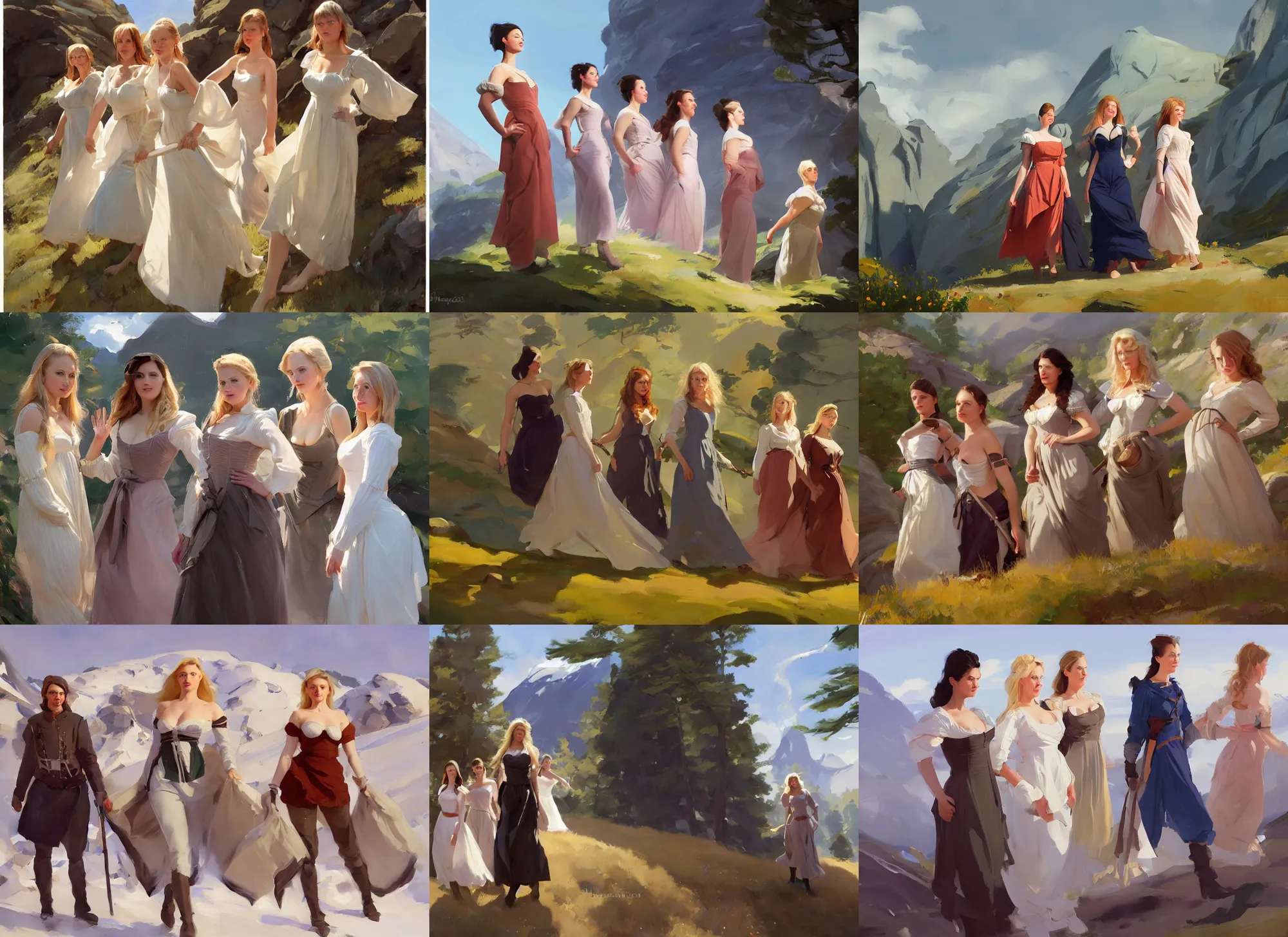 Image similar to five of beautiful finnish norwegian swedish scandinavian attractive glamour models wearing 1 7 th century bodice with low neckline walking in the mountains in a sunny day, jodhpurs greg manchess painting by sargent and leyendecker, studio ghibli fantasy medium shot asymmetrical intricate elegant matte painting illustration hearthstone, by greg rutkowski by greg tocchini by james gilleard