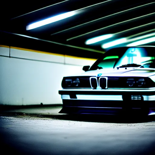 Image similar to a modified bmw e 3 0 with lights on in a futuristic neon parking garage, 3 5 mm photography, car photography, clean lines, realistic