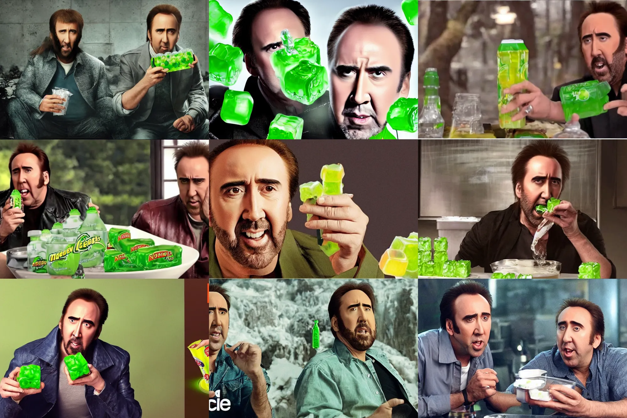 Prompt: nicolas cage eating gelatinous mountain dew cubes, commercial advertisement