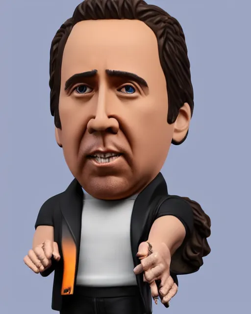 Image similar to full body 3d render of Nicolas Cage as a bobble head, studio lighting, white background, blender, trending on artstation, 8k, highly detailed , intricate details