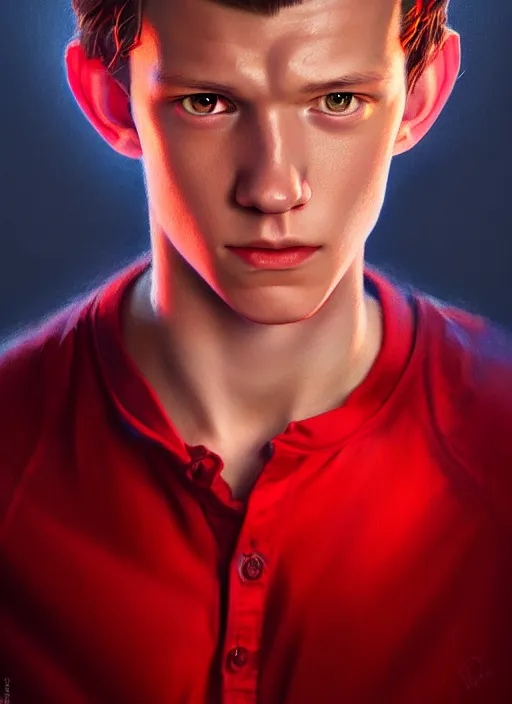 Image similar to portrait of tom holland with hazel eyes, hazel colored eyes, red shirt, intricate, elegant, glowing lights, highly detailed, digital painting, artstation, concept art, smooth, sharp focus, illustration, art by wlop, mars ravelo and greg rutkowski