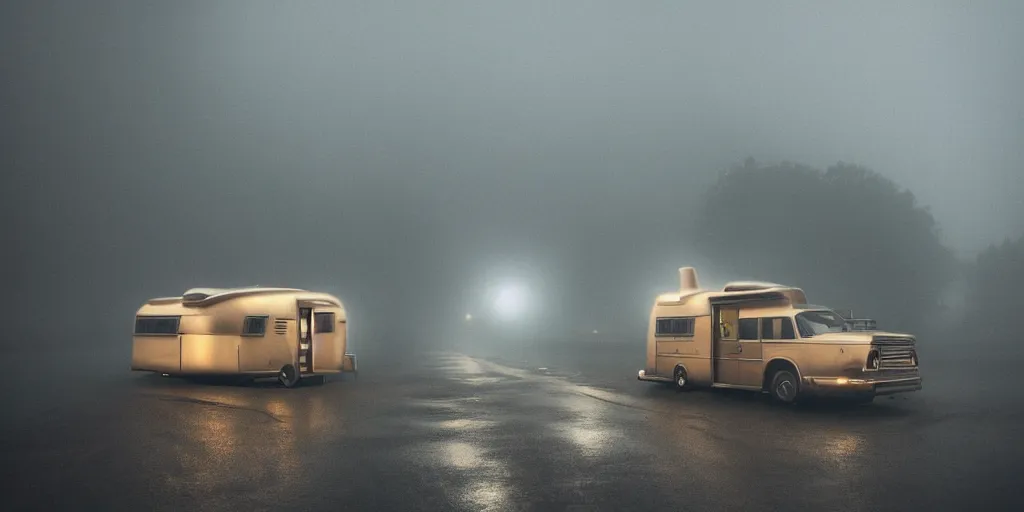 Prompt: parked retro futuristic vintage polished motorhome, fog, rain, volumetric lighting, beautiful, golden hour, sharp focus, highly detailed, cgsociety