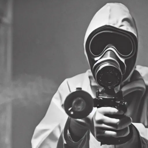 Image similar to a man wearing a hazmat suit and gasmask holding a revolver, film still, cinematic, enhanced