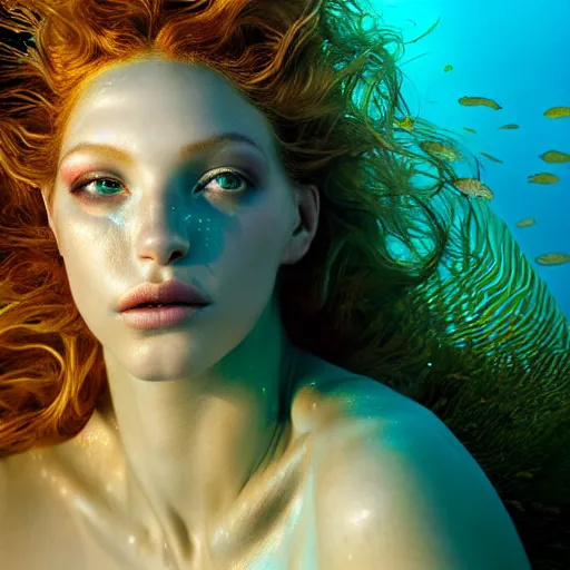 Prompt: photographic portrait of a stunningly beautiful siren mermaid renaissance female, underwater in a reef, in soft dreamy light at sunset, contemporary fashion shoot, by edward robert hughes, annie leibovitz and steve mccurry, david lazar, jimmy nelsson, extremely detailed, breathtaking, hyperrealistic, perfect face, octane render