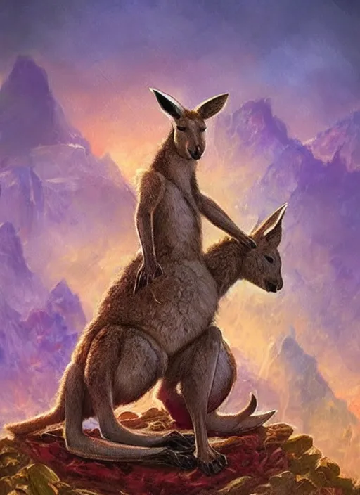 Prompt: kangaroo on a throne, dndbeyond, bright, colourful, realistic, dnd character portrait, full body, pathfinder, pinterest, art by ralph horsley, dnd, rpg, lotr game design fanart by concept art, behance hd, artstation, deviantart, hdr render in unreal engine 5