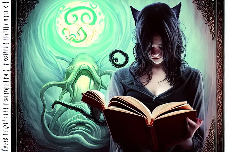 Image similar to romantic photo of bright girl, her cat and her book of necronomicon, symmetrical, cinematic, real dlsr photography, sharp focus, 4 k, ultra hd, sense of awe, sinister demonic atmosphere, dreadful, forbidden knowledge, old gods, cthulhu, yog - sothoth! yah, yah, yah! cultist journal cover