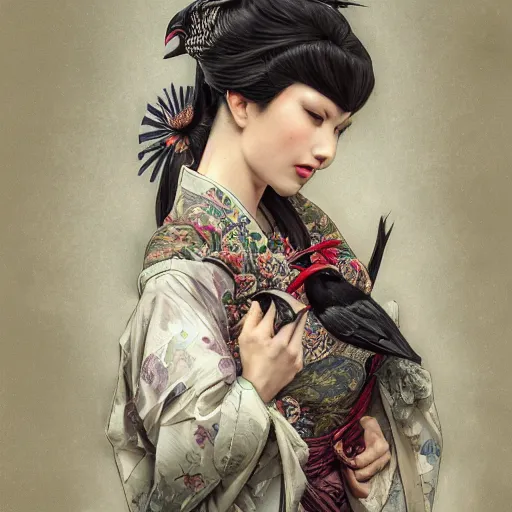 Image similar to a photorealistic dramatic fantasy render of a beautiful woman wearing a beautiful intricately detailed japanese crow kitsune mask and clasical japanese kimono by wlop, artgerm, greg rutkowski, alphonse mucha, beautiful dynamic dramatic dark moody lighting, shadows, cinematic atmosphere, artstation, concept design art, octane render, 8 k