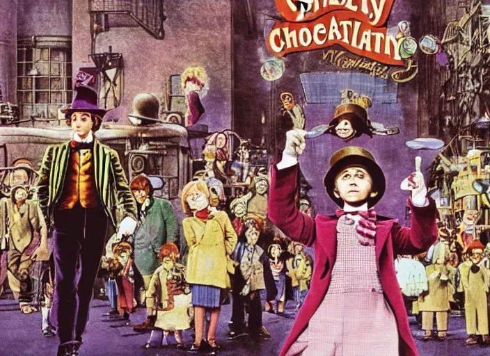 Prompt: film still of Willy Wonka's and the Chocolate Factory 1971 Artwork by Akihiko Yoshida