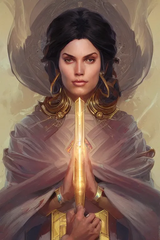 Prompt: portrait of Holy Superwoman, D&D, fantasy, highly detailed, digital painting, artstation, smooth, sharp focus, illustration, art by artgerm and greg rutkowski and alphonse mucha
