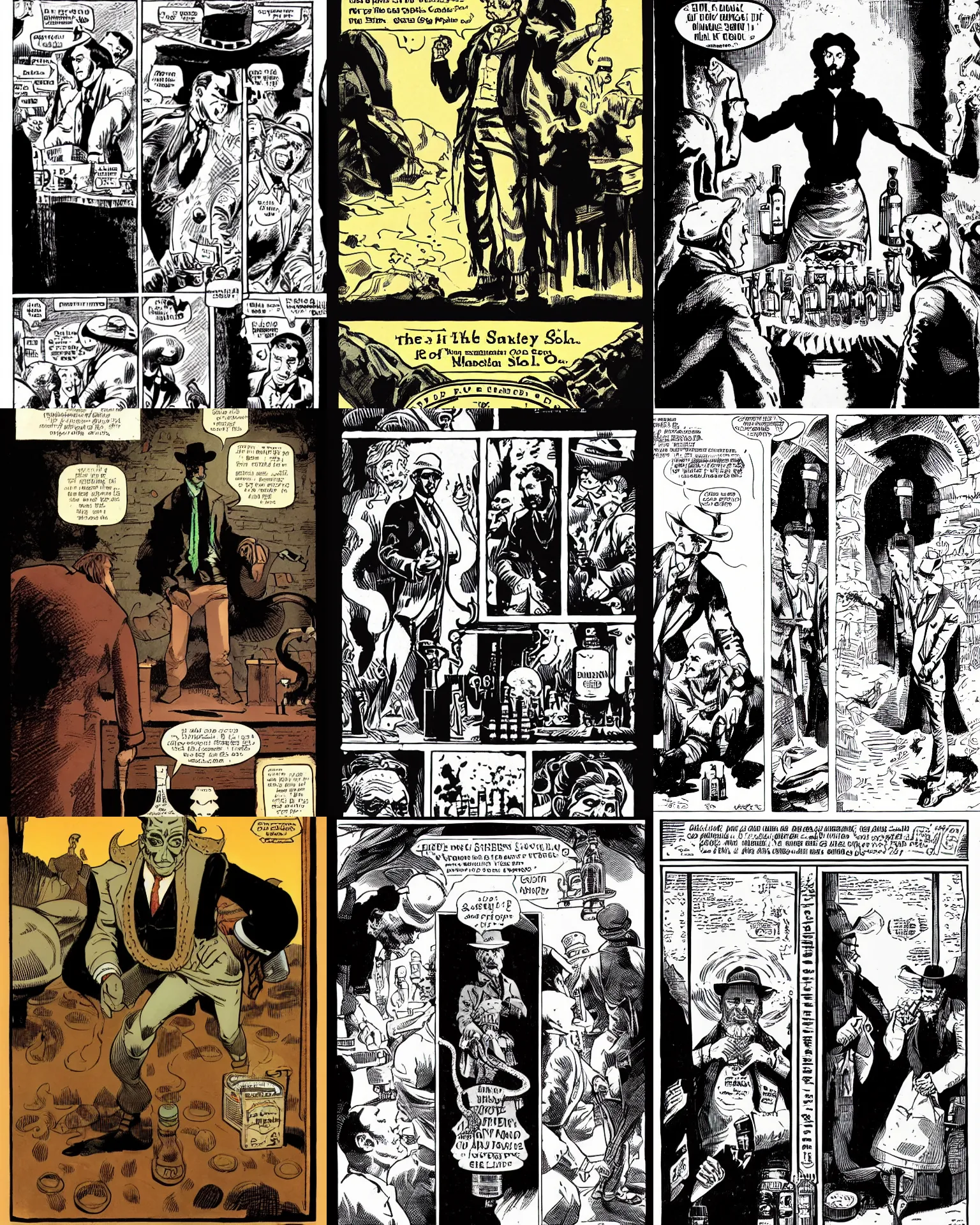 Prompt: the spirit of the snake oil salesman standing in a bottle at the beginning of the bull run by mike mignola