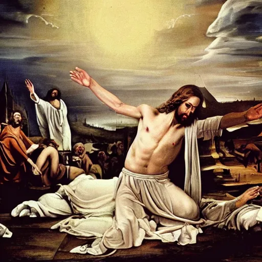 Prompt: jesus christ in a white robe strikes a dramatic dance pose on dead laughing bodies in streets of an apocalyptic metropolis destroyed after war, fantasy art, dramatic lighting, insane details ; renaissance painting