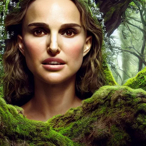 Prompt: Portrait of Natalie Portman as a dryad, characteristic sparkling green eyes, looking straight to the camera, illuminated for rays of light, behind her is an ancient forest full of life, by Annie Leibovitz, Ellie Victoria Gale and Steve McCurry, matte painting, oil painting, naturalism, 4k, 8k