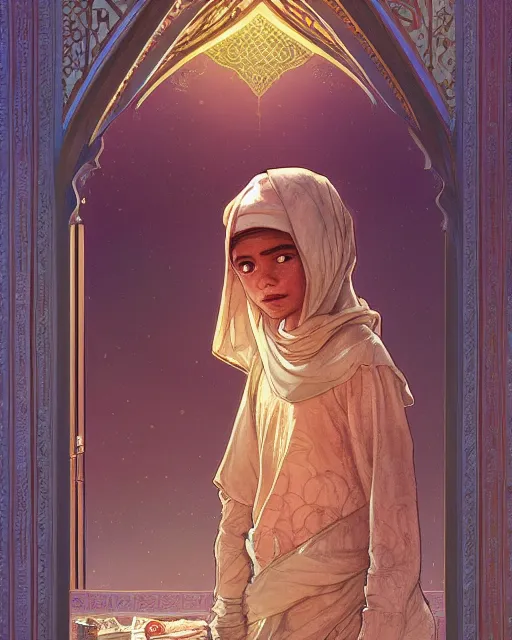 Image similar to a faceless bedouin child infront of a big open quran highly detailed, gold filigree, romantic storybook fantasy, soft cinematic lighting, award, disney concept art watercolor illustration by mandy jurgens and alphonse mucha and alena aenami, pastel color palette, featured on artstation