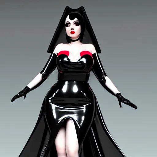 Image similar to a curvy feminine pale goth cutie wearing an elegant elaborate tight latex-nylon-leather sequined tube gown with red highlights, thin-waist, cgsociety, photorealistic, sublime-comforting ambience, 16k, smooth, sharp focus, trending on ArtStation, volumetric lighting, fully clothed, worksafe