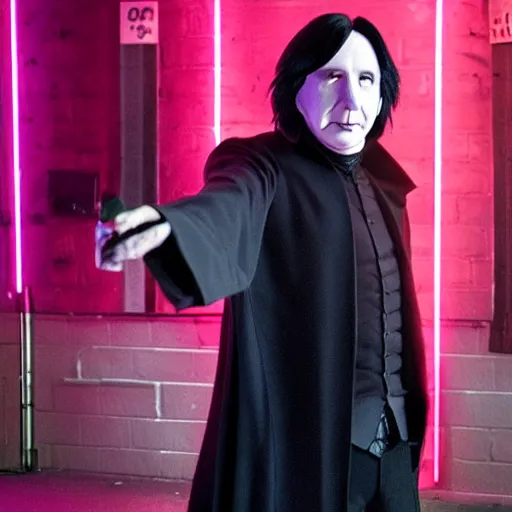 Image similar to Severus Snape dances in a bar, neon light, realistic, full body, very detailed, super realistic