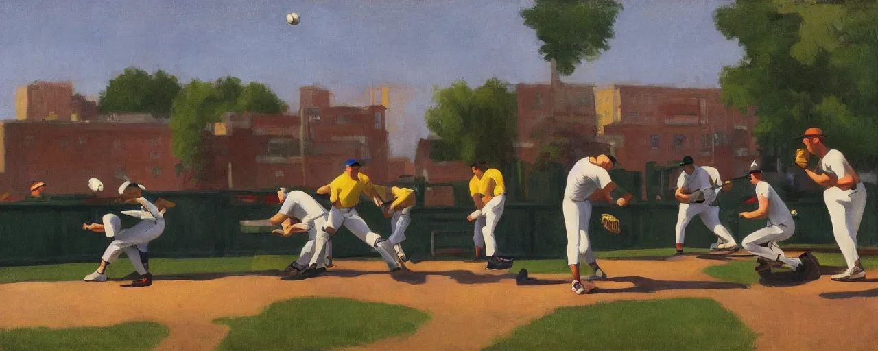 Prompt: a group of guys drinking beer and playing baseball at a local park, picture in the style of Edward Hopper