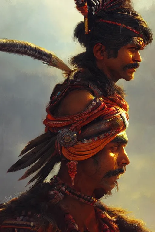 Image similar to indian warrior, close - up portrait, fierce, intricate, elegant, volumetric lighting, scenery, digital painting, highly detailed, artstation, sharp focus, illustration, concept art, ruan jia, steve mccurry