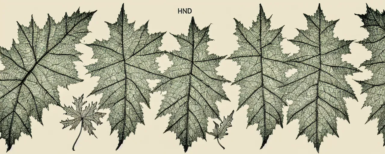 Image similar to a full page schematic diagram illustration of a hybrid between oak leaf and wine leaf, ultra detailed, 4 k, intricate, encyclopedia illustration, fine inking lines