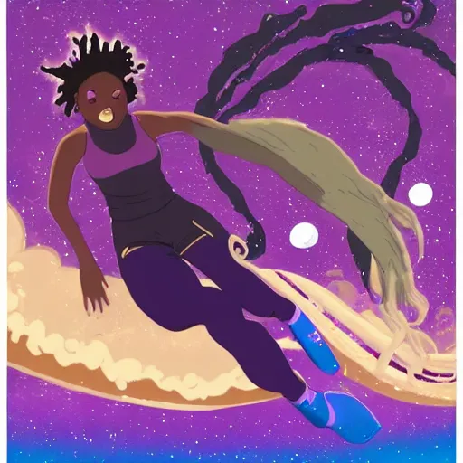 Image similar to black woman with purple dreads longboarding in space in the style of ghibli