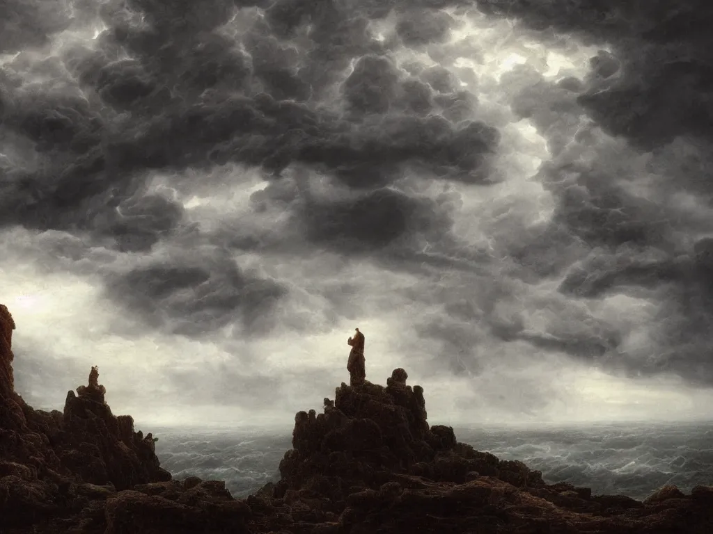 Image similar to detailed landscape, high cliff, very detailed dark super storm, hyper realistic clouds, impressive, magical, very atmospheric, smoke boiling, cinematic, deep, very high complexity, stunning, masterpiece, chiaroscuro, in the style of caspar david friedrich, very detailed. 4 k