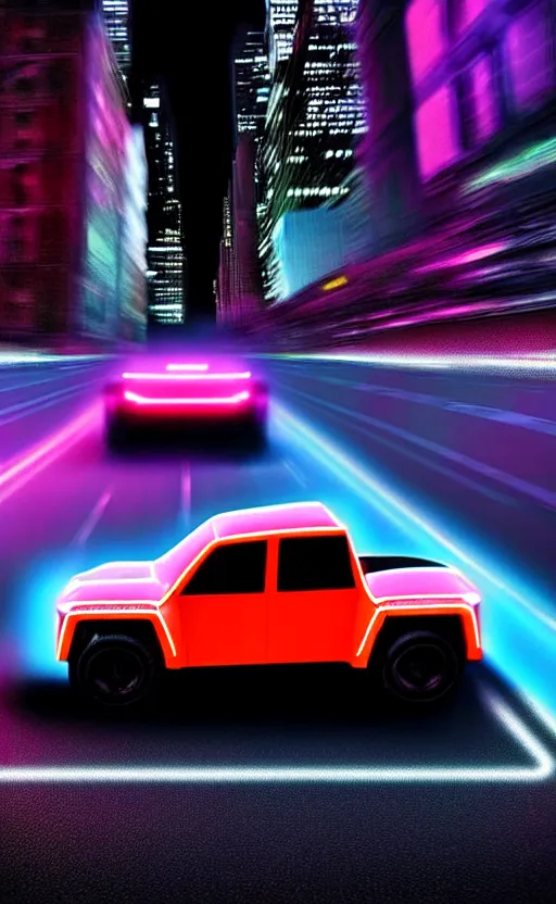 Image similar to ultra realistic and intricate detailed photograph of tesla cybertruck while racing on a neon race, new york city, movie shot, innovation, depth of field, ambient lighting, award winning, stunning