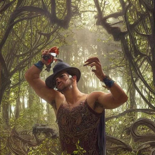 Prompt: intricate detailed portrait painting of a young man putting on tefillin in a beautiful forest meadow, temple ruins surrounded by lush forest, afternoon, intricate, elegant, highly detailed, digital painting, sharp, focus, illustration art by artgerm and greg rutkowski and alphonse mucha