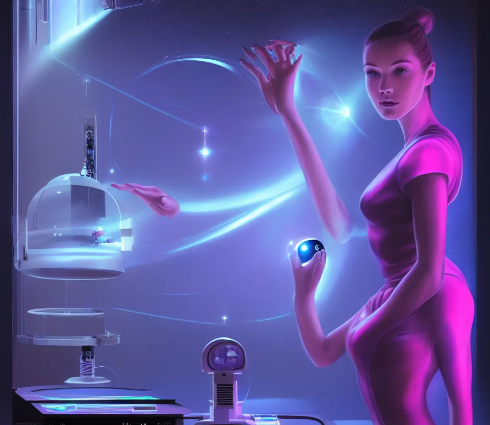 Image similar to beauty young space woman inputting data with lasers in a hologram with alien artifacts, mechanical case display, loose wiring dangling, 80s Aliens tech, ultrarealistic, dramatic lighting, electrical details, high details, 4k, 8k, best, accurate, trending on artstation, artstation, photorealism, ultrarealistic, digital painting, style of Peter Mohrbacher and Boris Vallejo and Wayne barlowe