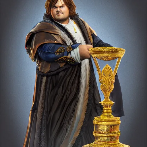 Image similar to professionally-painted ultradetailed ornate RPG award winning masterpiece illustration of Jack Black, fully clothed with black robe with silver ornates, digital airbrush painting, 3d rim light, hyperrealistic, artstation, cgsociety, kodakchrome, golden ratio