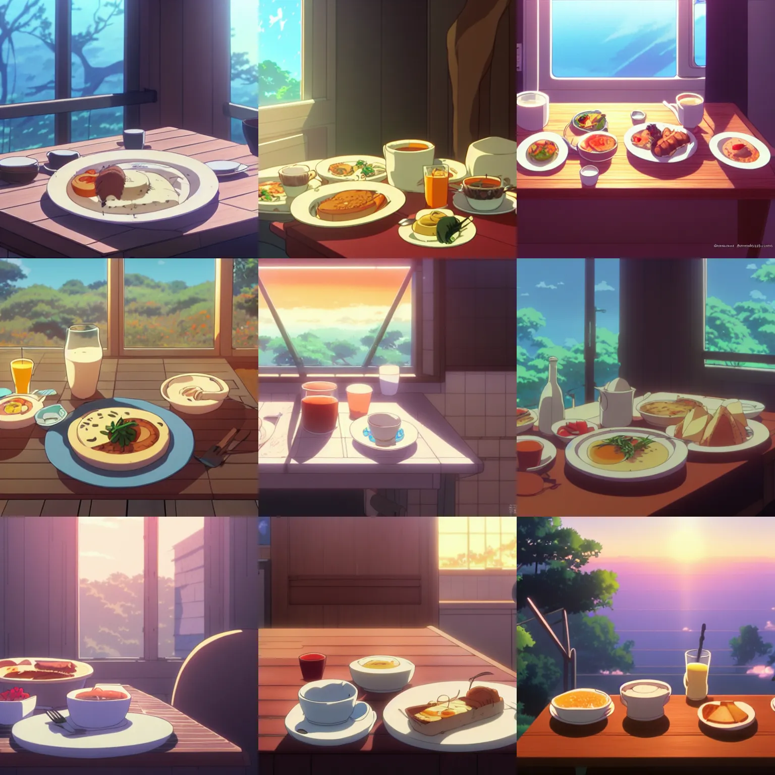 Prompt: hearty breakfast, no people, a close - up, digital art, illustrations, by makoto shinkai and studio ghibli