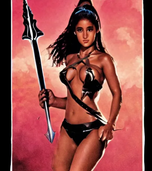 Image similar to 1 9 8 0 s fantasy novel book cover, amazonian ariana grande in extremely tight bikini armor wielding a cartoonishly large sword, exaggerated body features, dark and smoky background, low quality print