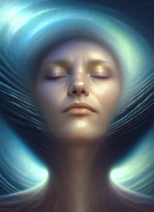 Image similar to closeup portrait shot of a meditation in space in a scenic dystopian environment, intricate, elegant, highly detailed, centered, digital painting, artstation, concept art, smooth, sharp focus, illustration, artgerm, tomasz alen kopera, peter mohrbacher, donato giancola, joseph christian leyendecker, wlop, boris vallejo