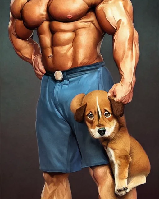 Prompt: gigachad ron swanson bodybuilder holding a cute puppy in final fight mountain by ilya kuvshinov, ernest khalimov body by krista sudmalis, fantasy character portrait, ultra realistic, concept art, intricate details, elegent, digital painting, smooth, sharp focus, illustration, art by artgerm and greg rutkowski and alphonse mucha, artstation