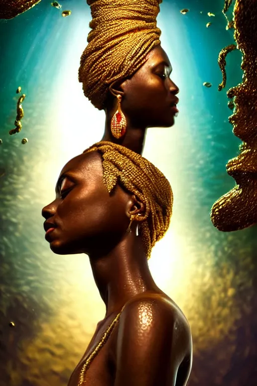 Image similar to hyperrealistic precisionist cinematic half underwater scene very expressive! translucent elegant african goddess full body, gold jewerly, highly detailed face, digital art masterpiece, aykut aydogdu eric zener, dramatic volumetric light, long shot, low angle uhd 8 k, sharp focus