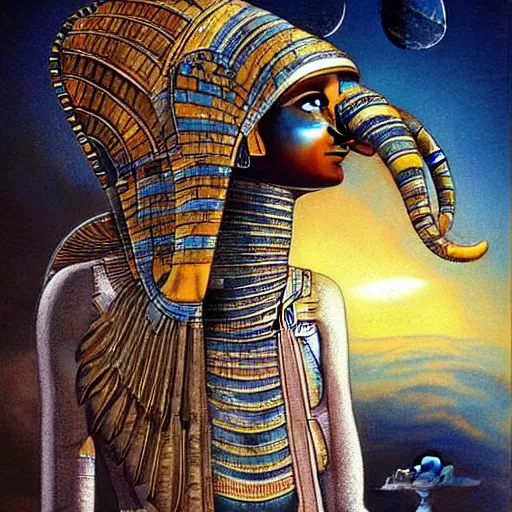 Image similar to the annunaki have returned to egypt wearing space suits that look like egyptian pharoah head - dresses and breathing hoses that look like elephant trunks - alien - looking, futuristic, detailed, photo - realism - by bob ross