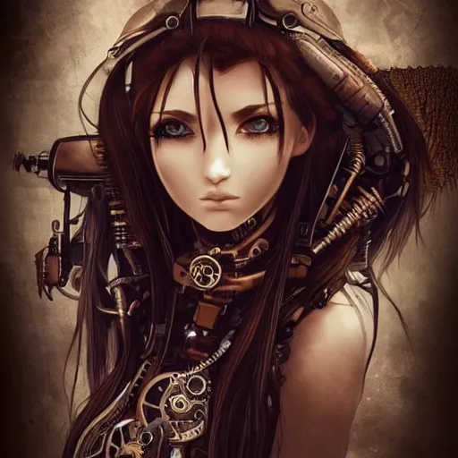 Image similar to beautiful half human half steampunk cyborg portrait, steampunk, extremely detailed, lush, gears, pretty, cinematic lighting, epic, intense, long hair, brown eyes, cool, anime,