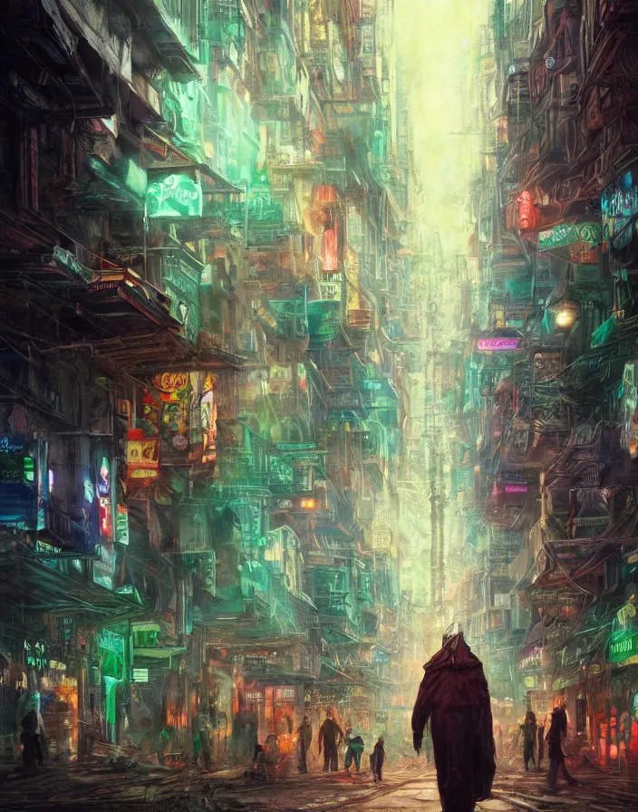 Prompt: god walking the streets of subway city, masterpiece, perfect composition, hyperrealistic, intricate oil pastel glow, dynamic lighting, photorealistic, fantasy concept art, ambient lighting, atmospheric moss, stunning visuals, creative, cinematic, ultra detailed, trending on art station