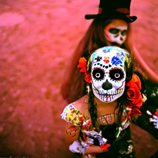 Image similar to detailed and realistic portrait photography of a cute Día de los Muertos girl at dusk by Annie Leibovitz, Agfa Vista 800 film, Leica M9