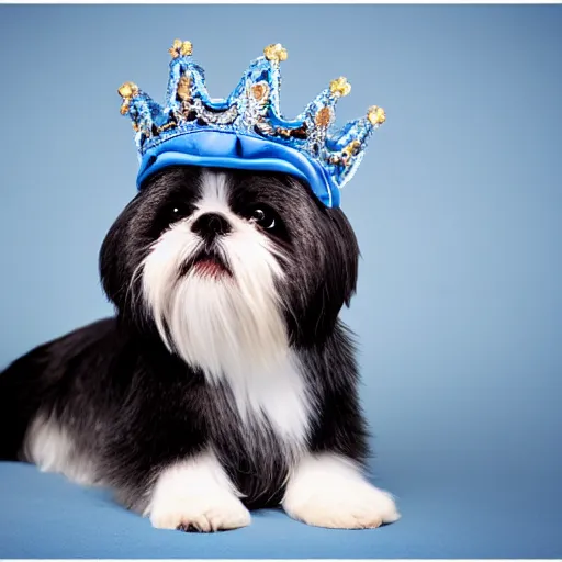 Prompt: Professional Photograph of a Blue Shih Tzu wearing a crown