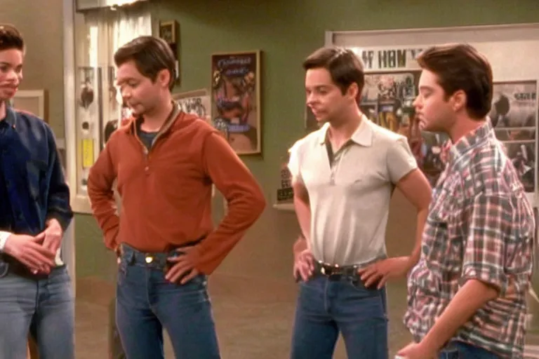 Image similar to topher grace in that 7 0 s show meeting tobey maguire and eminem, screencap, 4 k