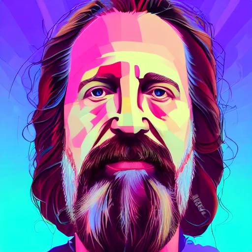 Prompt: a colorful closeup portrait of the dude from the big lebowski. he holds all the wisdom of the world in his eyes. dreamy vibes floating head and dreaming psychedelic hair. halo behind his head. trending on artstation. intricate detail. hyperrealistic 8 k. flat design